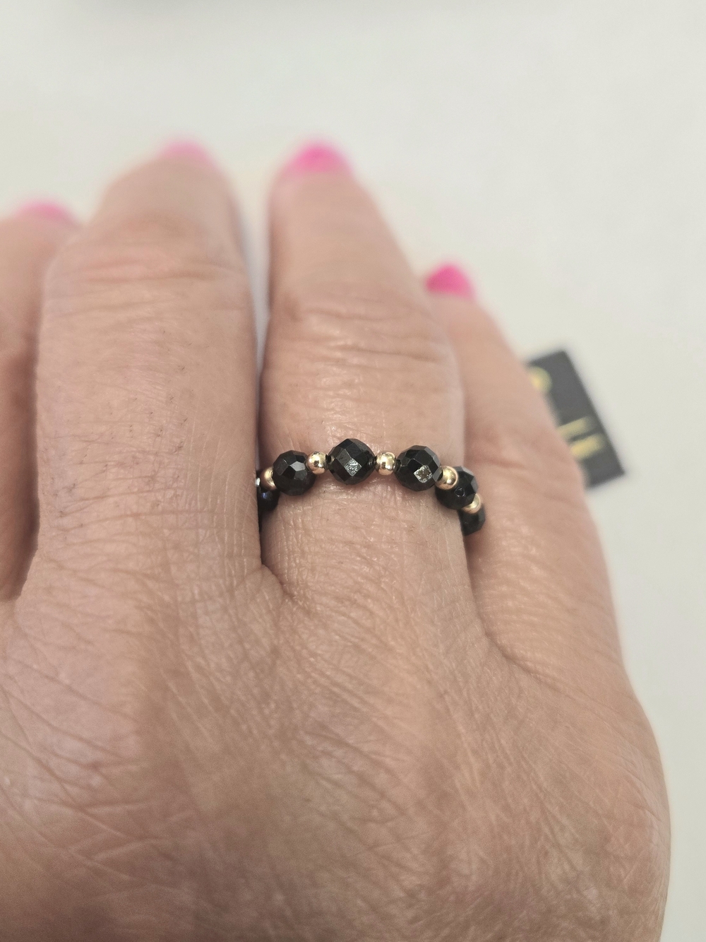 14kt Solid Yellow Gold Beads And Black Spinel Stretchy Ring